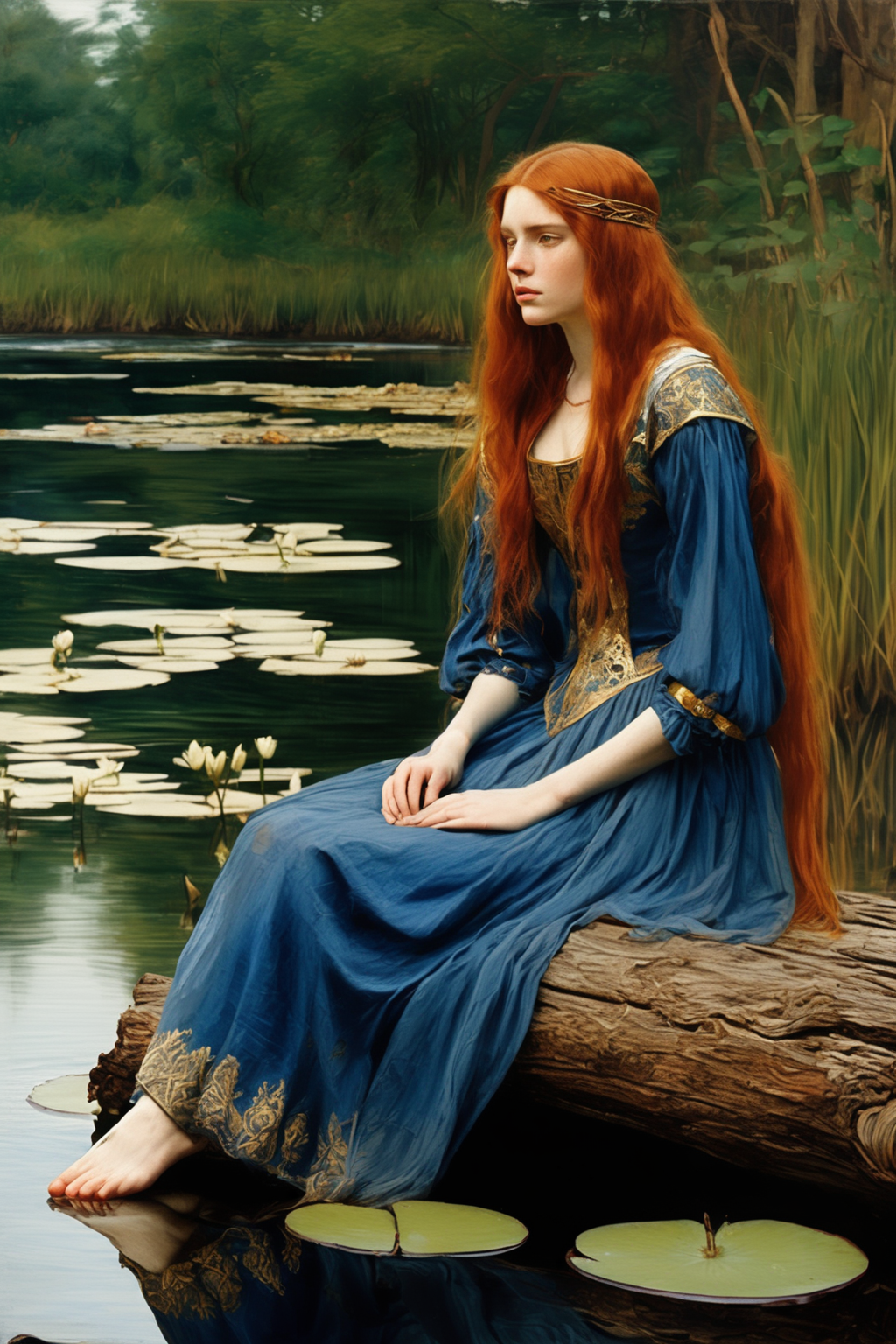 00456-23055871-John William Waterhouse Style - a young woman with long red hair, wearing a blue medieval dress with gold embroidery trim, sitti.png